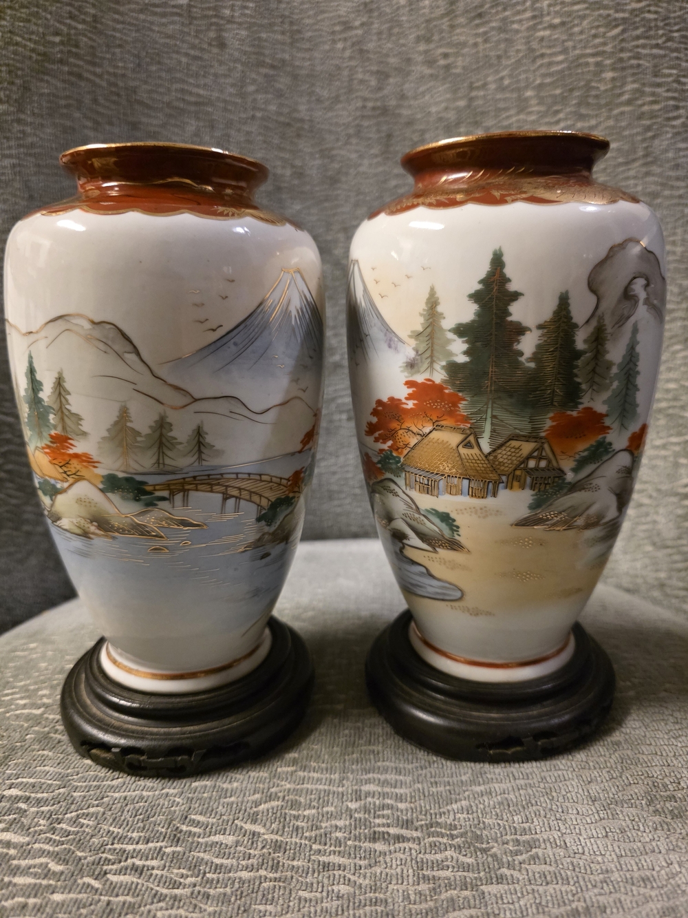 Vintage Hand Painted SATSUMA Japanese Vases With Wood Stands CPO mountain Dragon